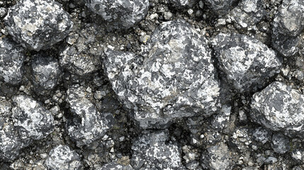 Close-up view of broken asphalt, rock texture, road debris. Possible use for background