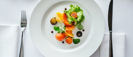 A beautifully arranged plate of fresh, colorful salad, elegantly set on a white tablecloth for fine dining enjoyment.