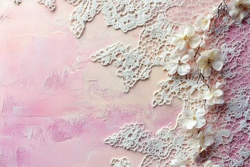White lace and delicate flowers arranged on a soft pink background creating an elegant and artistic composition for various decorative purposes
