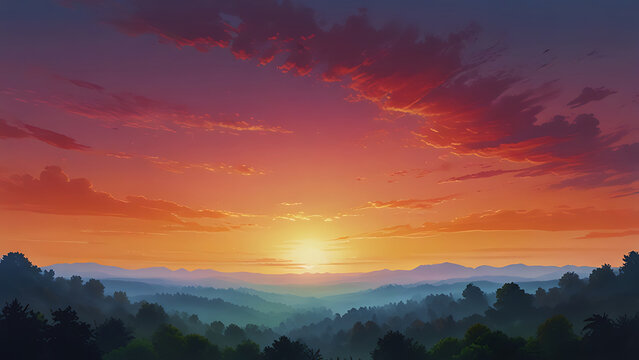 Foggy sunrise over the mountains. 3d render illustration.