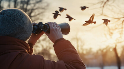 A birdwatcher wearing a warm jacket and gloves uses binoculars to observe a flock of migratory birds in the golden light of sunrise