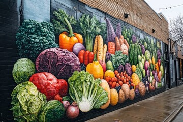 Colorful mural of fresh fruits and vegetables in urban setting showcasing vibrant produce against a city backdrop
