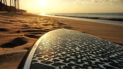 A close-up of a sleek, patterned surfboard lying flat on the beach, with footprints in the sand leading to the water’s edge and the sun high in the sky.