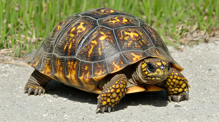 Obraz premium Tortoise crossing grassy roadside, slow motion, nature background, wildlife conservation