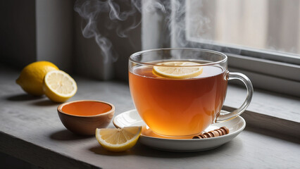 Steaming Cup of Tea with Floating Lemon Slice on Gray Windowsill in Soft Natural Light
