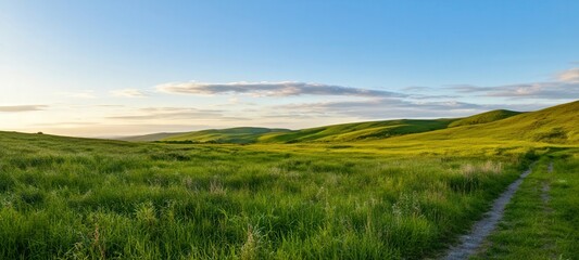 Fototapeta premium Large, open field with a clear blue sky. The grass is lush and green, and there is a dirt road running through the middle of the field. The scene is peaceful. For background, poster, banner