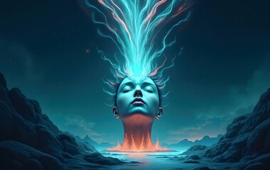 A woman's head is depicted in a blue and orange swirl. Theme of transformation, enlightenment. Retreat and satsang. Biohacking.  For background, poster, banner
