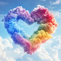 Fototapeta premium LGBTQ+ pride heart symbol in the sky, made from colorful clouds, isolated white background, cinematic 8K hyper-realism 