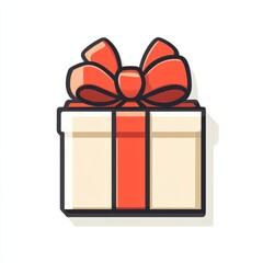 Minimalist modern flat style icon of a small gift box, bold ribbon contrast, centered on white background 