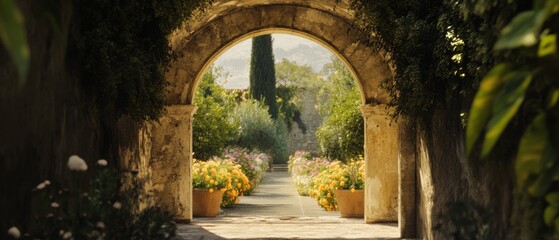Fototapeta premium Sunlit medieval arch frames lush garden path flanked by vibrant flowers, leading toward distant greenery under clear skies.