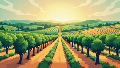 Naklejka premium Stylized vineyard landscape at sunset, nature's bounty