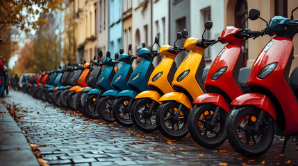 A row of colorful electric scooters lined up on a wet cobblestone street in an urban setting during autumn. Close-up