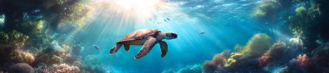Fototapeta premium A peaceful sea turtle gliding through a coral reef under bright sunlight. Generative AI
