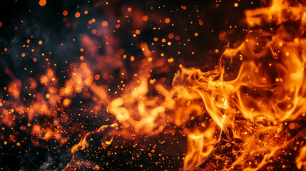 A close-up shot of vibrant fire and flying sparks, showcasing intense heat and motion with glowing embers and dynamic flames. This image symbolizes energy, power, and destruction.