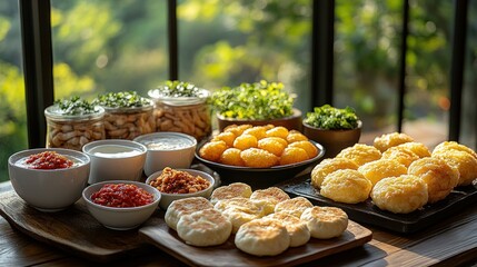 Fototapeta premium Sunny Window, Pastry Buffet, Snacks, Spreads, Garden View, Breakfast