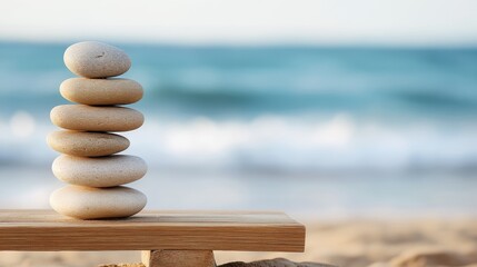 beach stone zen art, a serene beach scene with a balanced stack of smooth stones on a wooden plank, and gentle waves in the background