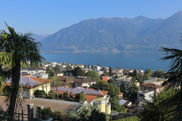 Aerial view of the town center on the shore of Lake Maggiore. Town of Muralto, district of Locarno,...