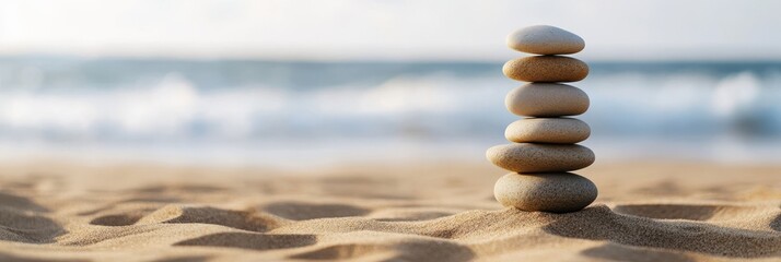 zen garden design, a web banner featuring a d balanced stone stack on a beach, with gentle waves and a calming misty horizon for a serene vibe
