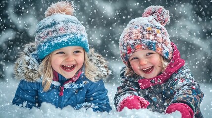 Bundled Up Children Giggling and Playing in Snowy Winter Wonderland