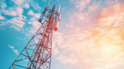 Wireless communication tower with antennas against blue sky