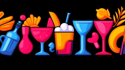 Colorful illustration of various cocktails and drinks arranged artistically against a dark background