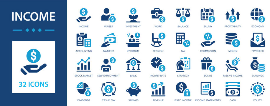 Income vector icon set. Payment, earnings, profit, money, work, cashflow, economy.