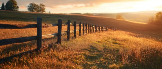 Obraz premium A rustic wooden fence borders a golden field, illuminated by the warm glow of sunset, inspiring peace and natural beauty.
