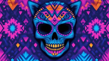 Vibrantly decorated skull illustration featuring intricate patterns and a cat-like ear design against a colorful background