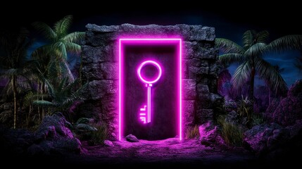 Fototapeta premium An illuminated door with a glowing key symbol set against a dramatic tropical landscape under a nighttime sky