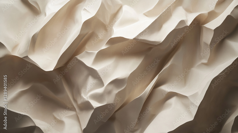 Poster Close-up view of textured crumpled fabric in beige and light tones, showcasing intricate folds and natural lighting, symbolizing depth and complexity in design and material.