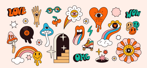 Obraz premium Psychedelic objects. Abstract bright symbols. Groovy acid elements. Retro hippy style. Hallucinogenic mushroom. Melting emoticons. Ladder to stars. Love heart with eye. Garish vector set
