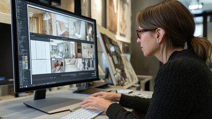 An architect adjusting textures and materials in a 3D interior design software on a large monitor