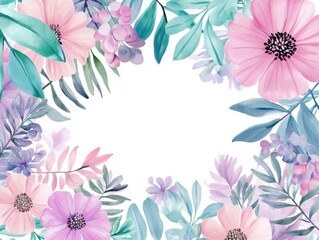 Fototapeta premium Elegant Floral Border with Soft Pink and Lavender Blooms Surrounded by Lush Green Leaves Ideal for Invitations or Greeting Cards