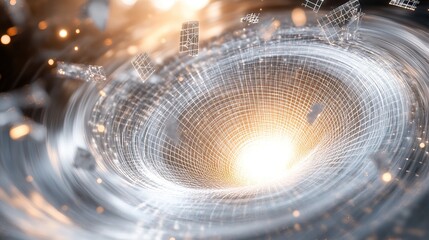 A cascading whirlpool of silver gridlines spiraling downward into a bright energy portal