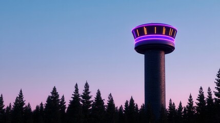 Illuminated observation tower standing tall against a twilight sky, surrounded by dense evergreen trees in a tranquil setting