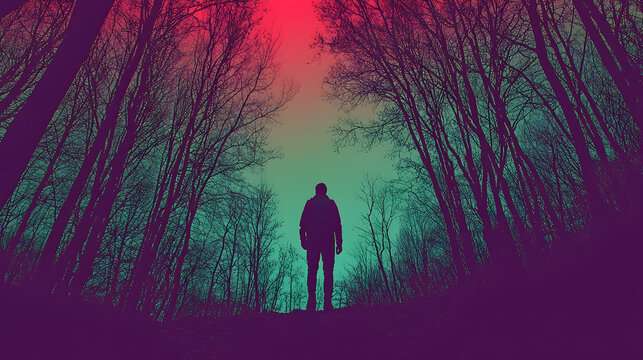 Man Silhouetted in Mystical Forest at Dusk, Surreal Background, Film Poster - Powered by Adobe