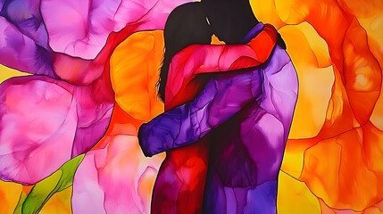 Colorful abstract couple embracing amidst vibrant floral background. Romantic art print