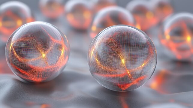 A collection of transparent spheres filled with swirling grid threads