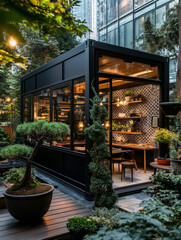 Stylish Black Shipping Container Home with Bonsai and Outdoor Lounge