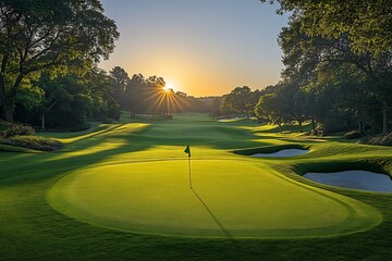 Sunrise Golf Course with Lush Greens and Dramatic Lighting