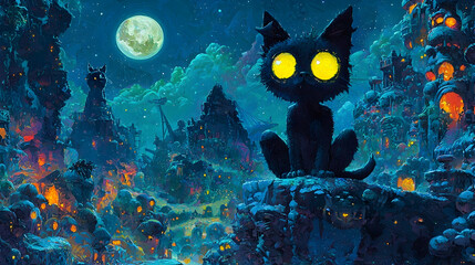 Mysterious black cat overlooking a fantastical night city of glowing skulls