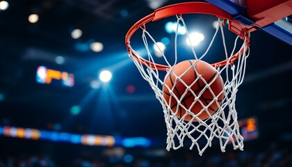 Basketball hoop with ball going through net, close-up shot