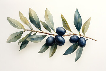 A simple and elegant painting of a green olive branch with black olives on a white background.
