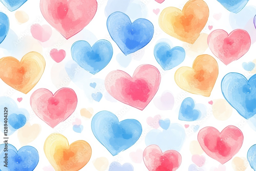 Poster colorful watercolor hearts displayed on a white background create a vibrant and cheerful atmosphere,