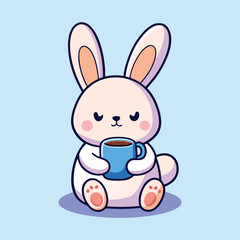 Obraz premium Cute Pink Bunny Holding Coffee Cup Cartoon Illustration