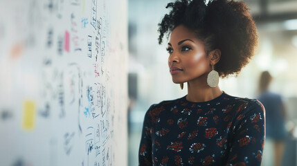 A stylish Black businesswoman standing at a whiteboard, brainstorming ideas with colleagues