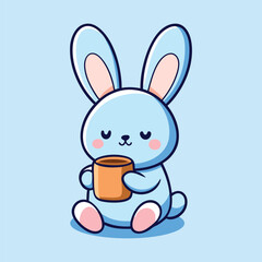 Fototapeta premium Cute Blue Bunny Holding Coffee Cup Cartoon Illustration