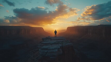 The lone traveler stands observing a canyon at sunset time