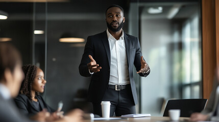 A powerful Black executive standing in front of a conference table, leading a discussion
