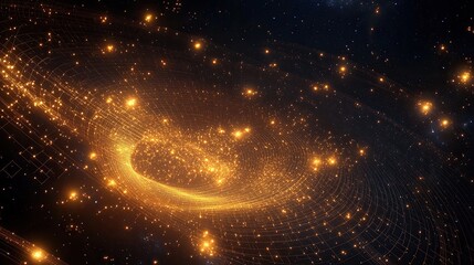 A cosmic scene where surrounding stars are overlaid with faint radiant grids